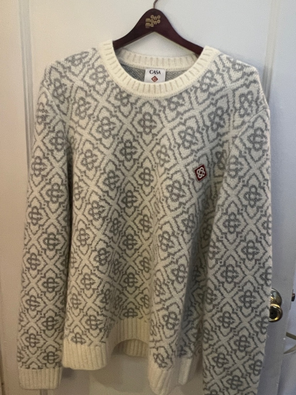 CASA Cream Crewneck Sweater with Light Gray Geometric Pattern